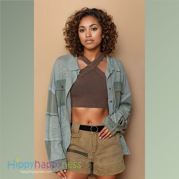 POL Clothing Button Down Shirt Layering Sage Lightweight Slub Fabric - Picture 3 of 5